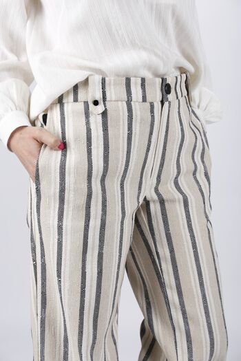Pantalon à rayure beige et noir en coton coupe droite Made in France 4