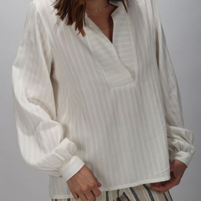 Ecru cotton blouse with long sleeves V-neck Made in France