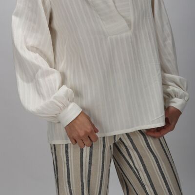 Blusa de algodón crudo con manga larga y cuello de pico Made in France