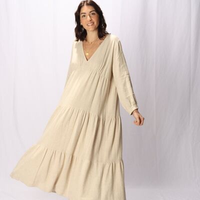 Böhmisches langes Kleid aus beigem Leinen Made in France