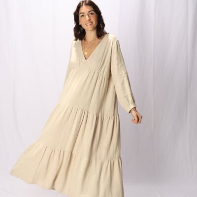 Bohemian long dress in beige linen Made in France