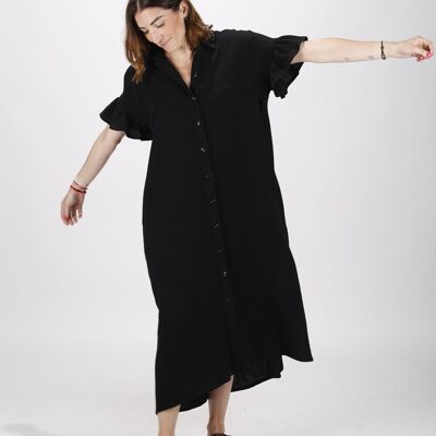 Langes schwarzes Kleid aus Baumwollgaze mit Rüschen Made in France