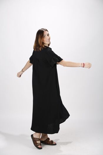 Robe longue noire en gaze de coton à volants Made in France 2