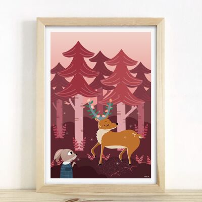 Illustration enfant - "Lapin cerf forêt rose" A4