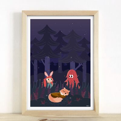Illustration enfant - "Renard forêt nuit" A4