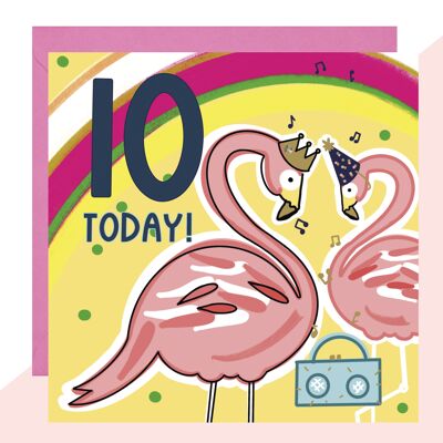 Tarjeta de cumpleaños número 10 con flamencos