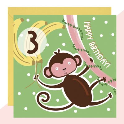 Tarjeta del mono del 3er cumpleaños