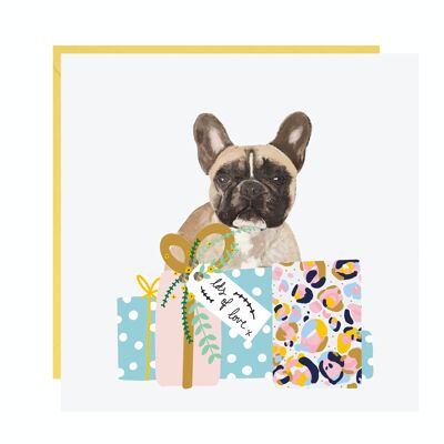 Bulldog francés presenta tarjeta de cumpleaños
