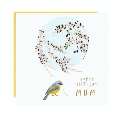Tarjeta de cumpleaños con pájaro y globo para mamá