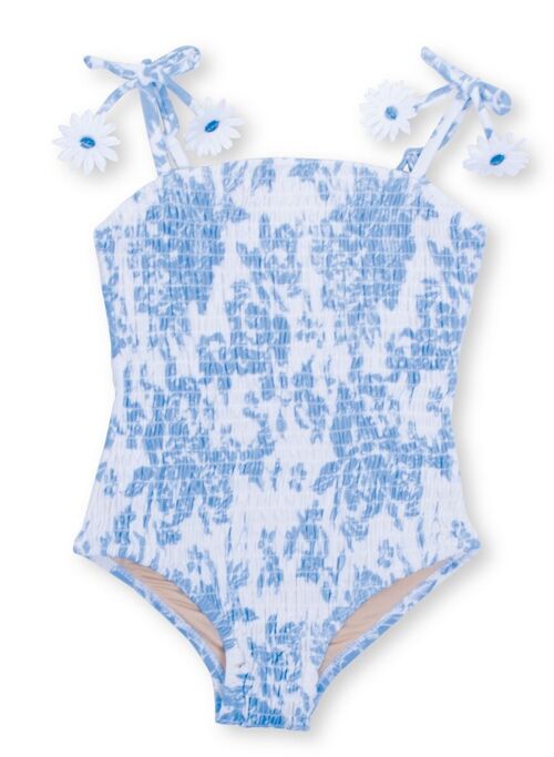 Blue Bouquet Smocked Girls One Piece Swimsuit