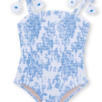 Blauer, gesmokter Blumenstrauß-Badeanzug für Mädchen