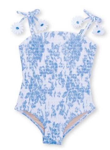 Maillot de bain une pièce bleu bouquet smocké pour fille 2