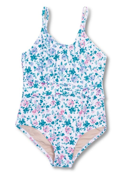 Blue Floral Patchwork Girls Wrap One Piece Swimsuit
