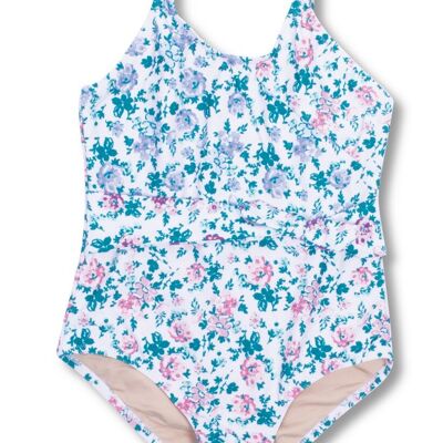 Blauer Wickel-Badeanzug für Mädchen im Patchwork-Stil mit Blumenmuster