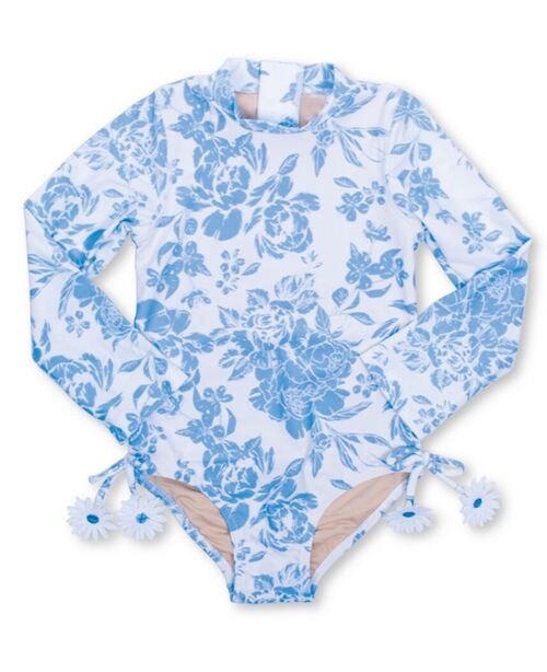 Blue Bouquet Girls One Piece Long Sleeve Swimsuit