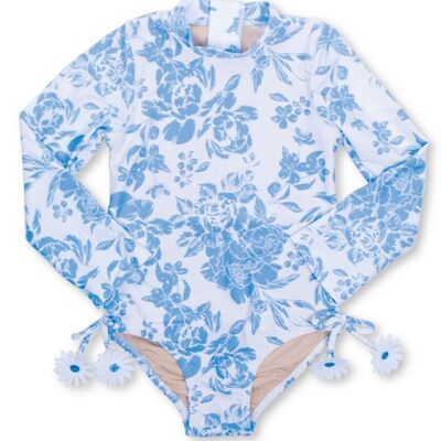 Blue Bouquet Girls One Piece Long Sleeve Swimsuit