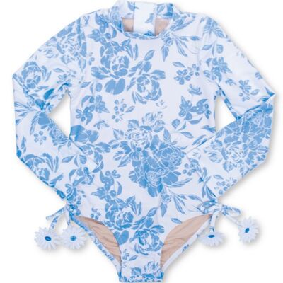 Blauer Blumenstrauß-Einteiler-Badeanzug für Mädchen mit langen Ärmeln