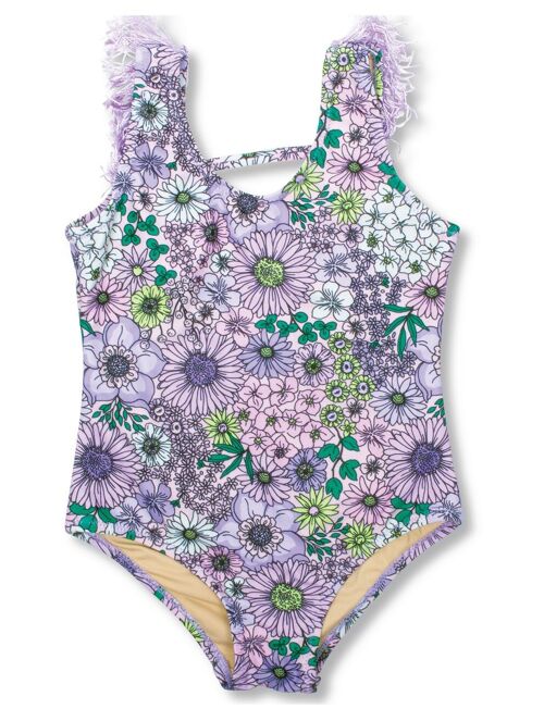 Mod Purple Floral Fringe Back Girls One Piece Swimsuit