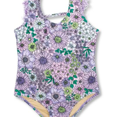 Einteiliger Badeanzug für Mädchen in Mod Lila mit Blumenmuster und Fransen am Rücken
