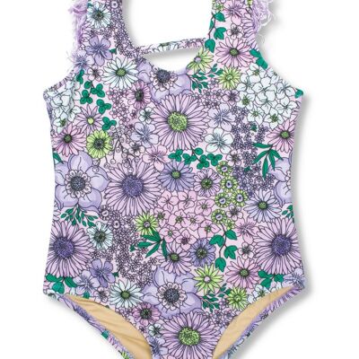 Mod Violet Floral Fringe Back Girls Maillot de bain une pièce