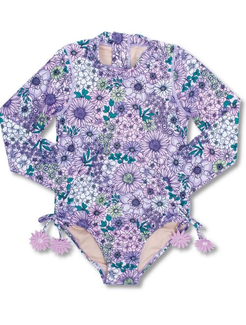Mod Purple Floral Girls One Piece Long Sleeve Swimsuit