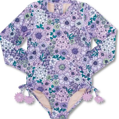 Einteiliger Langarm-Badeanzug für Mädchen in Mod Lila mit Blumenmuster
