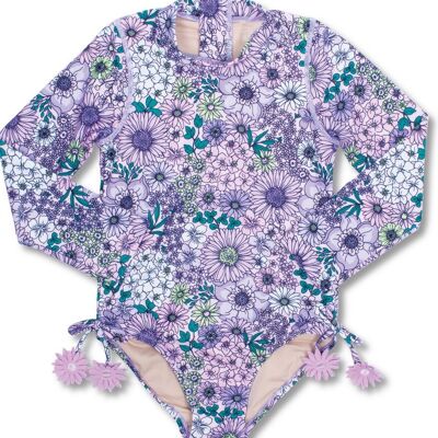Mod Purple Floral Girls One Piece Long Sleeve Swimsuit
