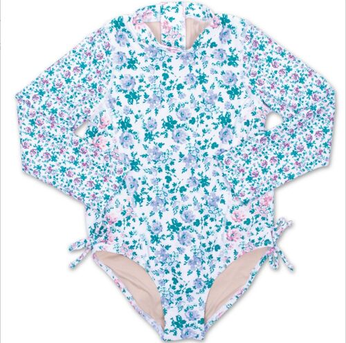 Blue Floral Patchwork Girls Longsleeve One Piece Swimsuit