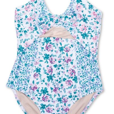 Blauer, floraler Patchwork-Monokini-Badeanzug für Mädchen