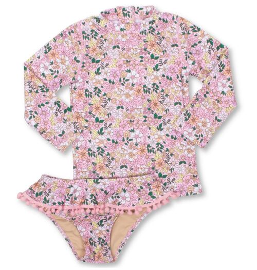 Pink Ditsy Floral Girls Two Piece Rashguard Swim Set