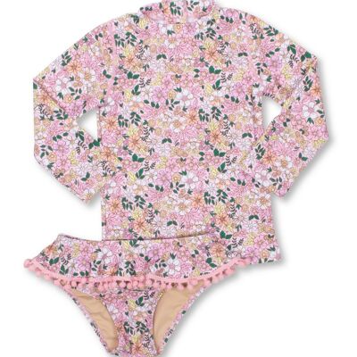 Ensemble de maillot de bain deux pièces rashguard rose à petites fleurs pour filles