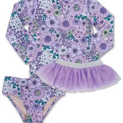 Mod Purple Floral w / tutu Girls Two Piece Rashguard Swim