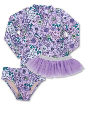 Mod Purple Floral w / tutu Maillot de bain deux pièces Rashguard pour filles 2