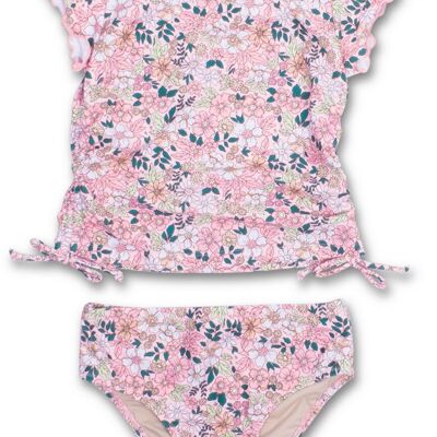 Ensemble de maillot de bain deux pièces rashguard rose à petites fleurs pour filles