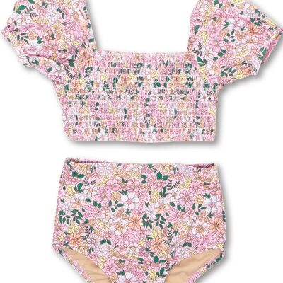 Bikini fille taille haute rose à petites fleurs