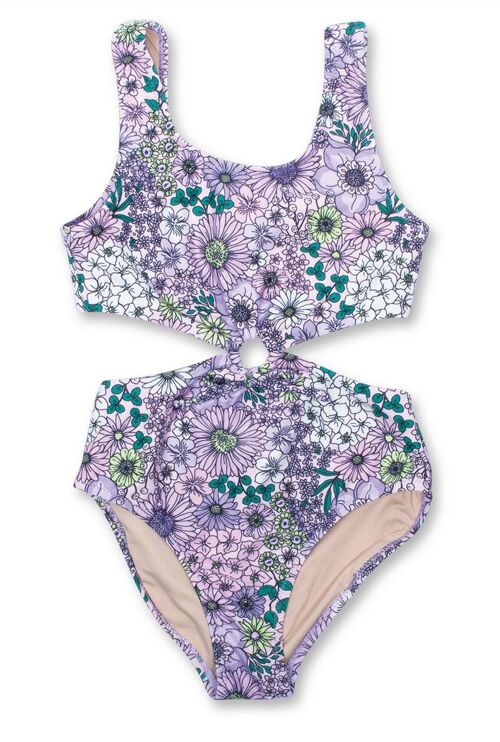 Mod Purple Floral Cinched Girls Monokini Swimsuit