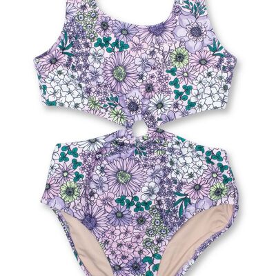 Traje de baño Monokini para niñas Mod Purple Floral Cinched