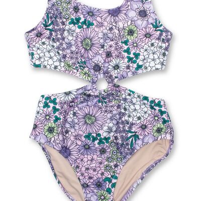 Mod Purple Floral Cinched Girls Monokini Swimsuit