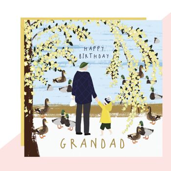 Nourrir les canards avec la carte d'anniversaire de grand-père