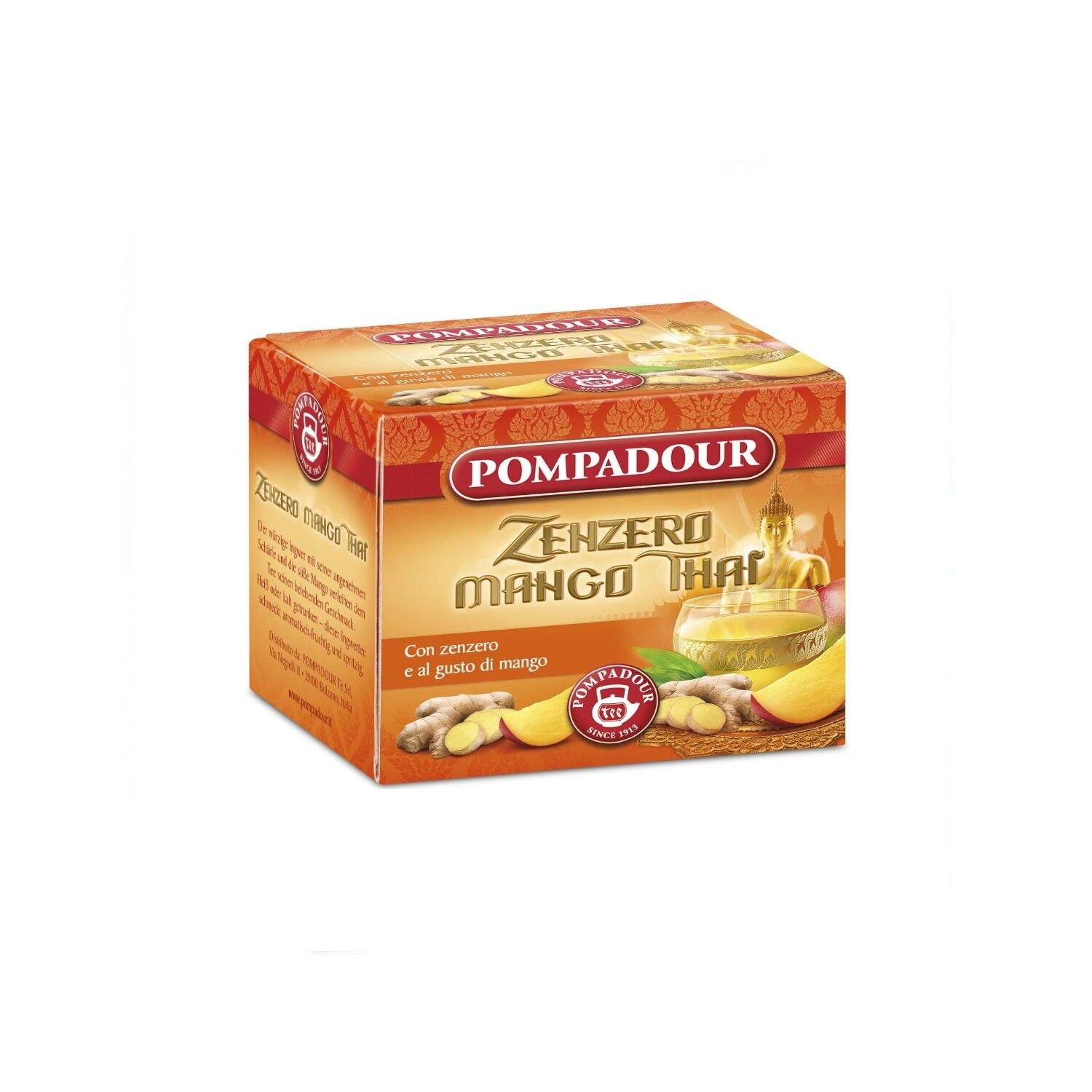 Pompadour Tè | Infuso di zenzero aromatizzato | Tè alle erbe di mango tailandese | Tisana Digestiva allo Zenzero - 10 Bustine (22,5 Gr)