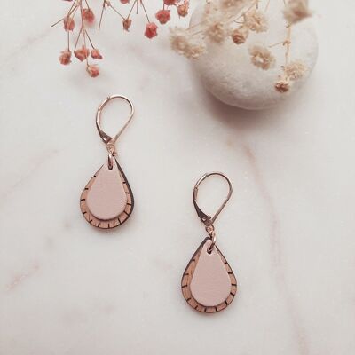 Wooden and leather earrings GOUTTE Rose