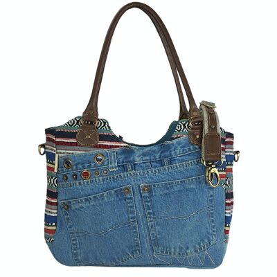 Borsa sostenibile da donna Sunsa. Borsa a tracolla realizzata con jeans riciclati, tela (tela) e pelle. Borsa in stile retrò vintage. Borsa shopper grande da donna.