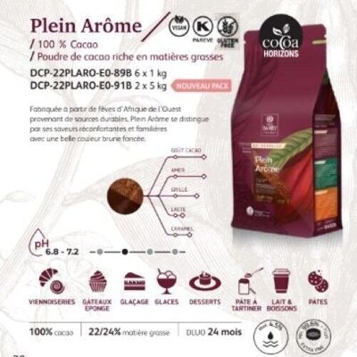 CACAO BARRY - PLEIN AROME - Poudre de Cacao : 100% cacao, riche en matière grasse, alcalinisée - 5 kg