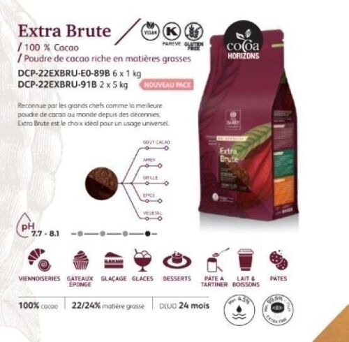CACAO BARRY - EXTRA-BRUTE - Poudre de Cacao : 100% cacao, riche en matière grasse, alcalinisée - 1kg