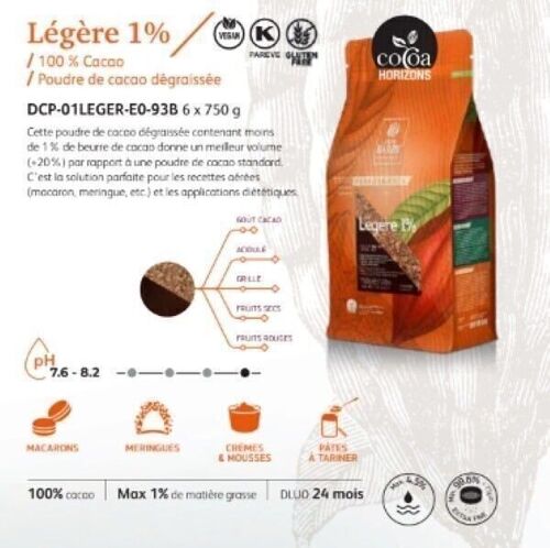CACAO BARRY - GAMME PERFORMANTE - Légère 1 % - Poudre de Cacao dégraissée, 100% cacao, Alcalinisée - 750 g