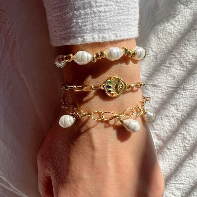 Gold Chunky Chain Bracelet, Pearls Beaded Bracelet Women, Gold Evil Eye Bracelet, Stainless Steel Chains, Gift for Her, Made in Greece.