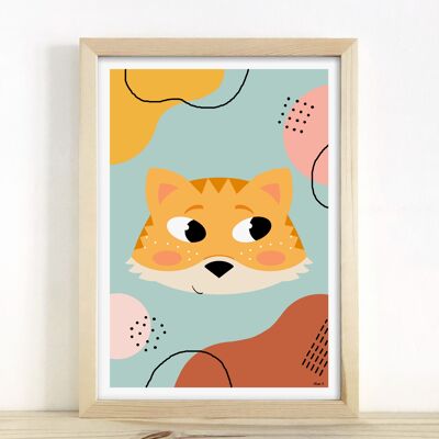 Affiche enfant - "Hello tiger" (Tigre fond abstrait vert) A5