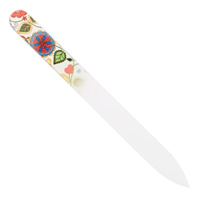Glass file, etched in tempered glass, double-sided, with motif flowers, length 13.5 cm