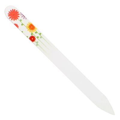 Glass file, etched in tempered glass, double-sided, with red/orange flower motif, length 13.5 cm