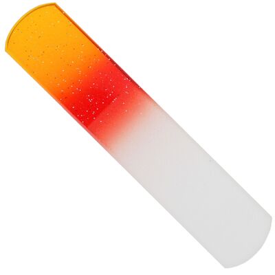 Lima de vidrio para córnea, doble cara, 2 asperezas, redondeada, naranja/roja con purpurina, L 13,5 cm, en estuche